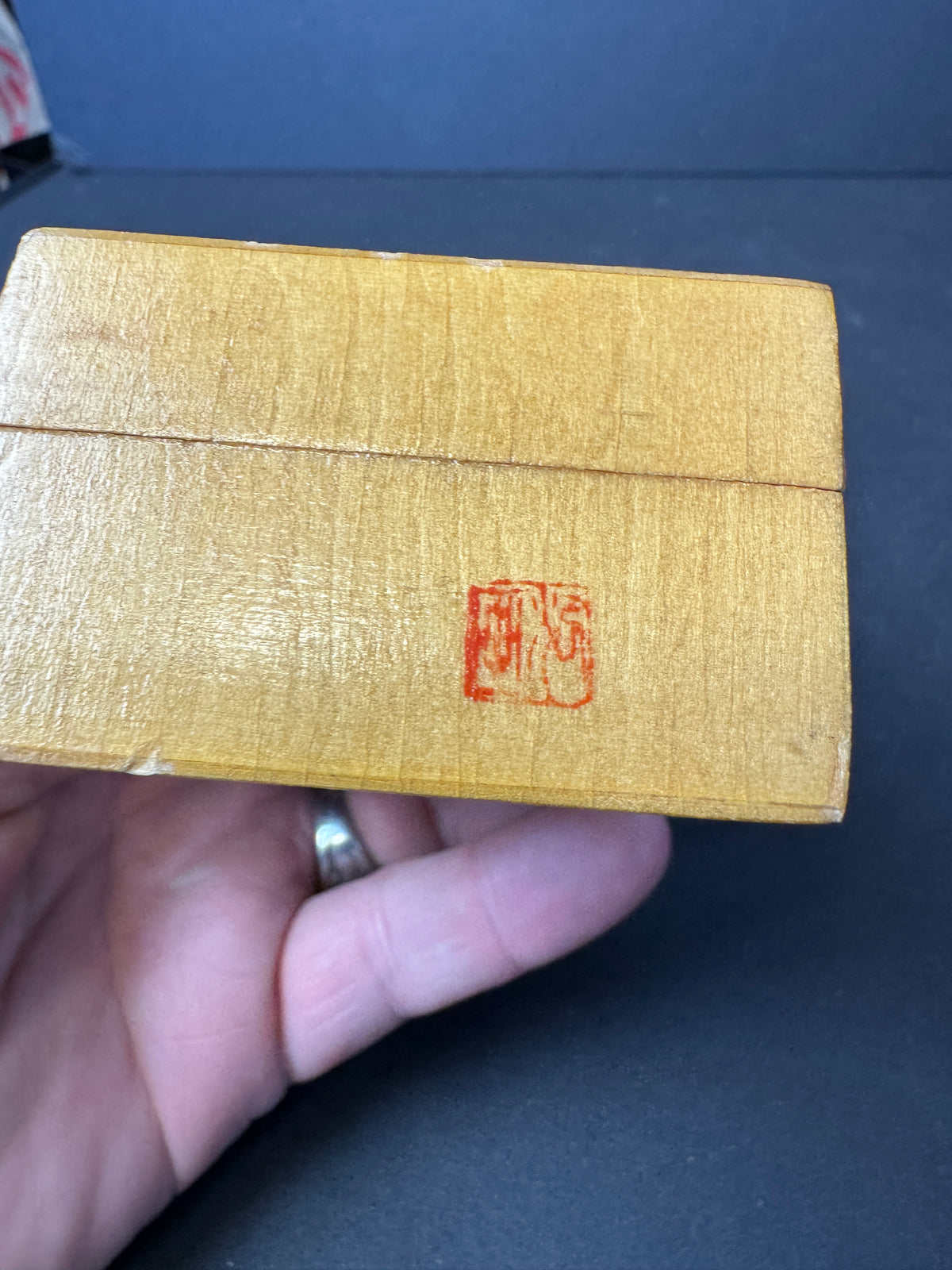 235 - Chinese Pyrography Wooden Jewelry Trinket Box Floral Art Seal Mark