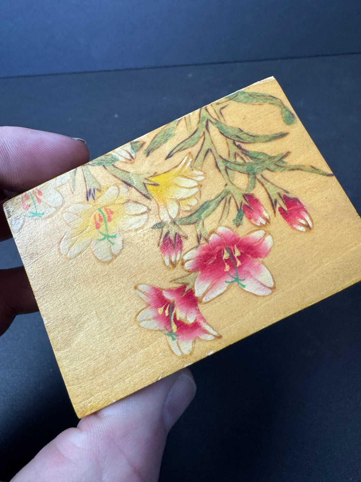 235 - Chinese Pyrography Wooden Jewelry Trinket Box Floral Art Seal Mark