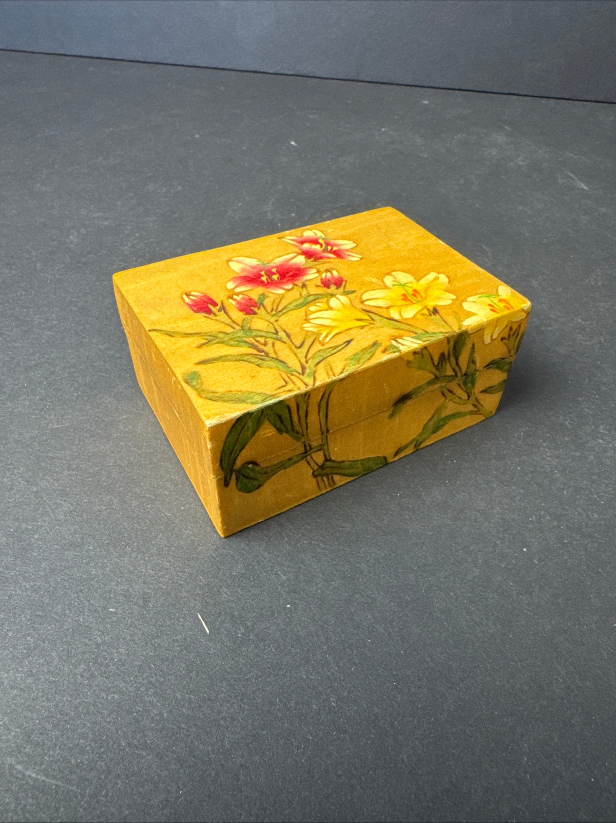 235 - Chinese Pyrography Wooden Jewelry Trinket Box Floral Art Seal Mark