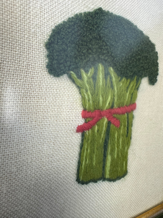 606 - 70's Handmade Framed Crewel Embroidered Needlepoint Art Broccoli Whimsical