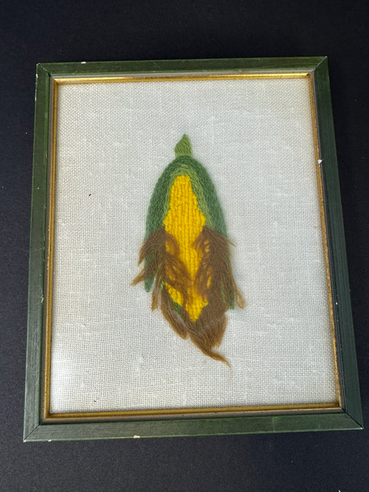 607 - 70's MCM Handmade Framed Crewel Embroidered Needlepoint Art corn Whimsical