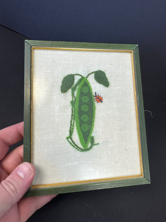 614 - Vintage 70s Framed Crewel Embroidery pea pod and ladybug Kitchen Wall Art MCM Retro