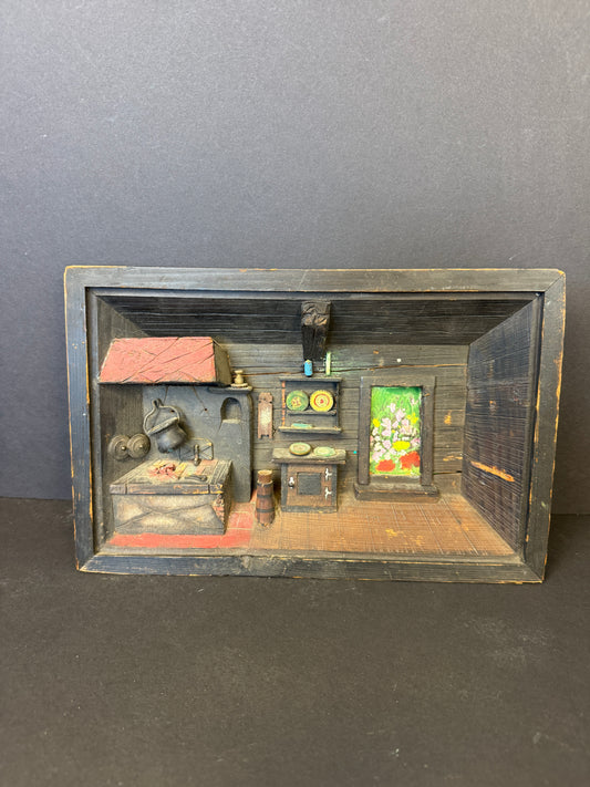 615 - Vintage German Style 3D Wooden Shadow Box Folk Art Primitive Kitchen Diorama
