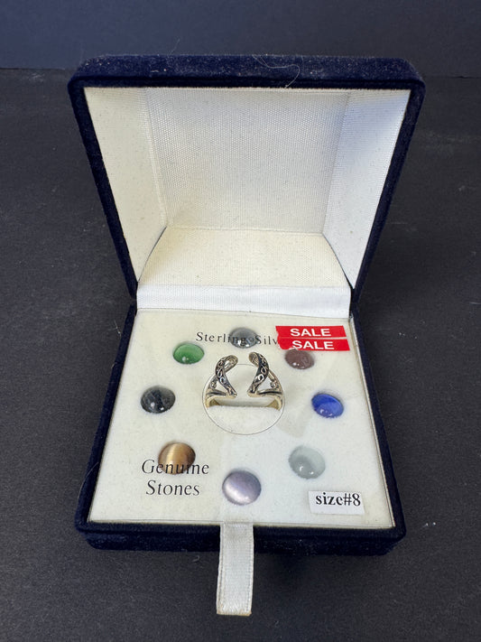 617 - Vintage Sterling Silver Interchangeable Gemstone Ring 8 Stones Original Box