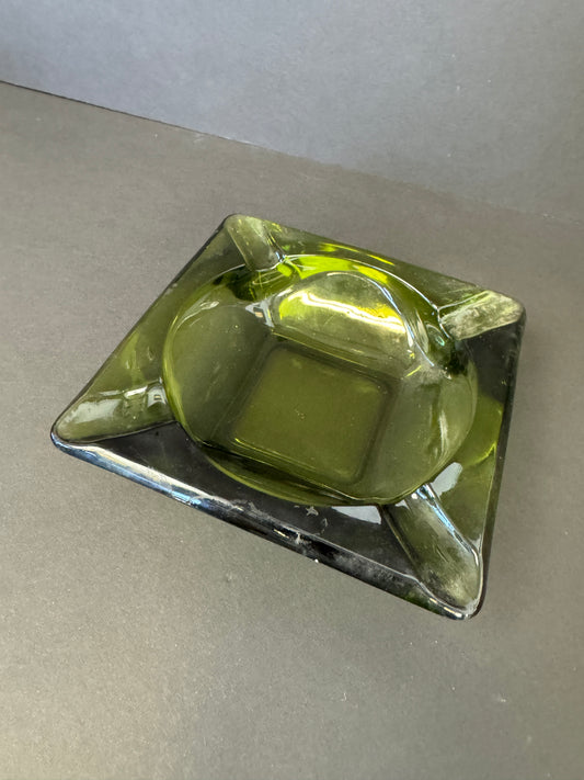 Vintage 60's / 70's Mid Century Avocado / Olive Green Glass Cigarette Ashtray
