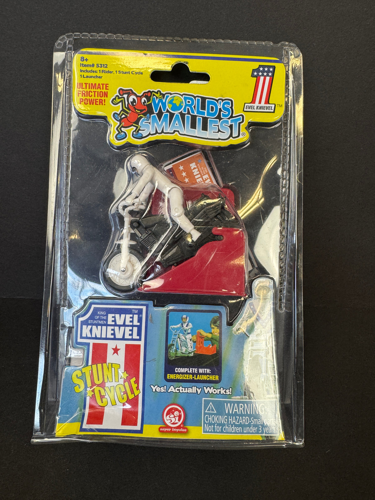 235 - WORLDS SMALLEST Evel Knievel Stunt Cycle Toy- Energizer Launcher-Trail Bike