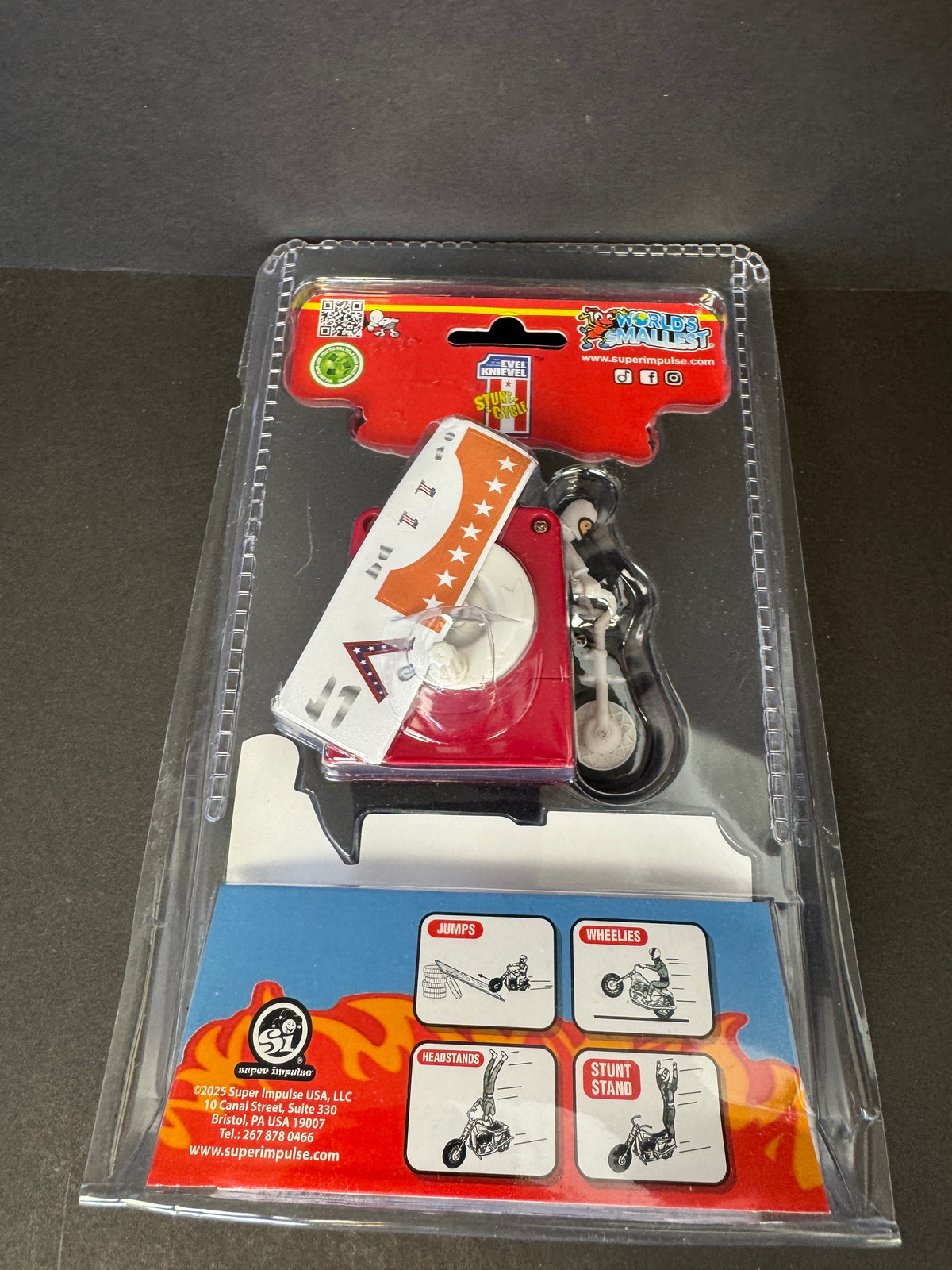235 - WORLDS SMALLEST Evel Knievel Stunt Cycle Toy- Energizer Launcher-Trail Bike