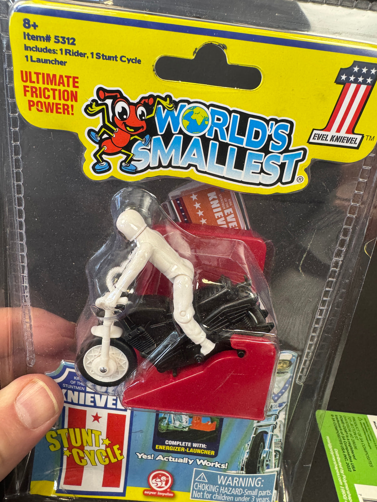 235 - WORLDS SMALLEST Evel Knievel Stunt Cycle Toy- Energizer Launcher-Trail Bike